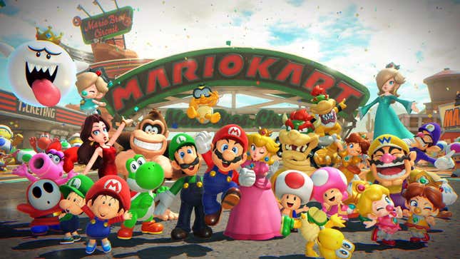 The cast of Mario Kart World poses for a group photo.