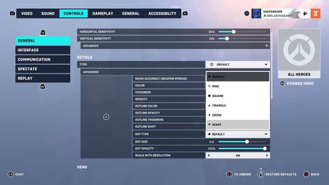 Overwatch 2's controls menu.