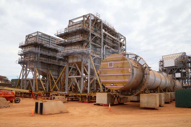 A Chevron LNG processing plant is under construction on Barrow Island, Western Australia, April 11, 2016. Labor unions said on Friday, Sept. 22, 2023, they will end disruptive strike action at Chevron Corp. liquefied natural gas plants in Australia that provide more than 5% of global LNG supplies. (Ray Strange/AAP Image via AP)