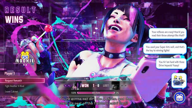 A Street Fighter 6 Juri win screen with feedback messages on the right-hand side.