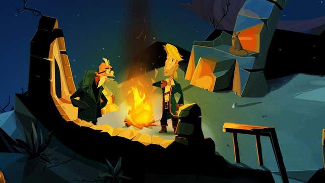 Guybrush Threepwood talks to an old man over a campfire