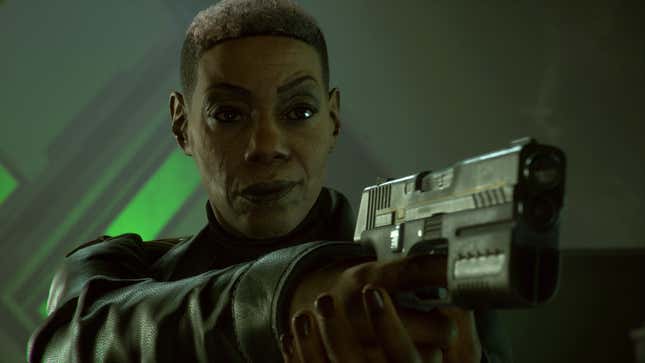 A secret agent points a gun toward someone in the Suicide Squad game.