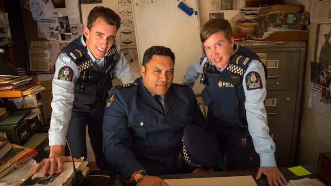 Minogue, Sergeant Maaka, and O’Leary in the Wellington Paranormal office.