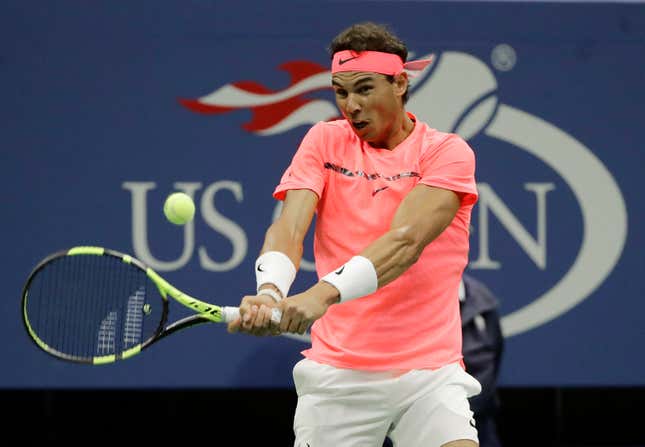 Rafael Nadal, of Spain, returns a shot from Dusan Lajovic, of Serbia, during the first round of the U.S. Open tennis tournament, Tuesday, Aug. 29, 2017, in New York. (AP Photo/Frank Franklin II)