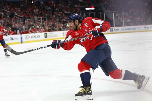 Nov 4, 2023; Washington, District of Columbia, USA; Washington Capitals left wing Alex Ovechkin (8) shoots the puck against the Columbus Blue Jackets in the third period at Capital One Arena.