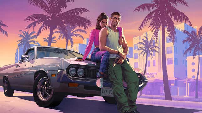 Key art of male and female protagonists of GTA 6 sitting on a car with palm trees and buildings behind them