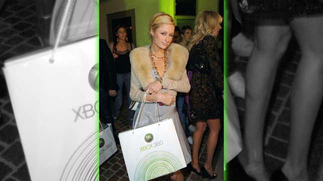 Paris Hilton holds an Xbox 360. 