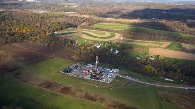 A hydro-fracking drilling pad for oil and gas operates on October 26, 2017 in Robinson Township, Pennsylvania. 