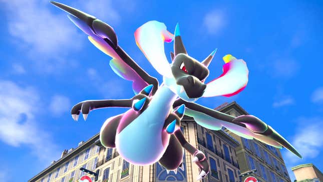 A Mega Charizard X flies above Lumiose City.