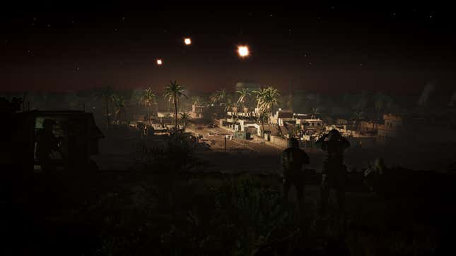 An image from Six Days in Fallujah showing soldiers overlooking a palm-tree lined street during nighttime. 