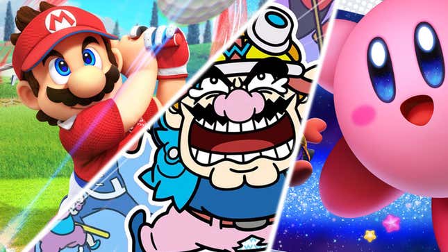 Gambar menunjukkan tiga tangkapan layar dari berbagai game Nintendo.