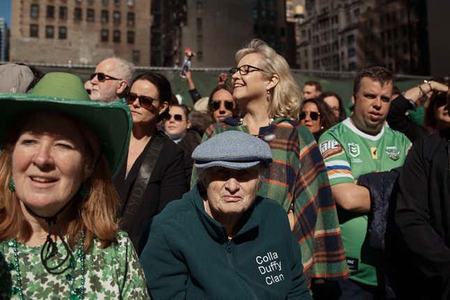 People watch the St. Patrick&#39;s Day Parade on Saturday, March 16, 2024, in New York. (AP Photo/Andres Kudacki)