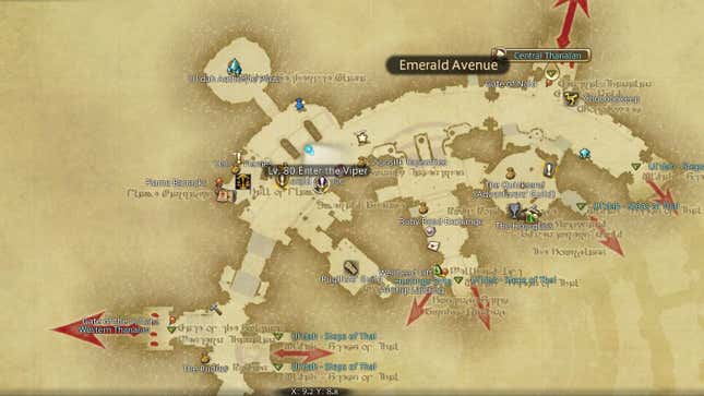 A screenshot of a map in Final Fantasy 14 shows the location of a quest.