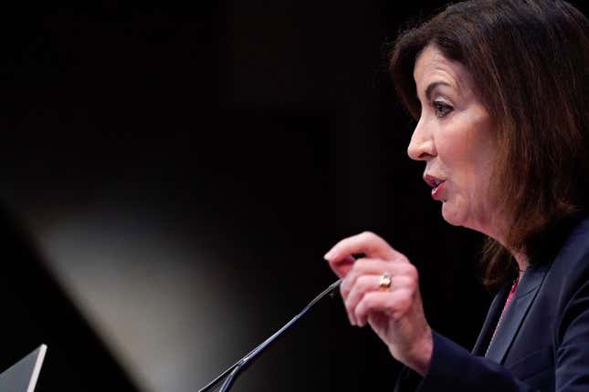 New York Gov. Kathy Hochul speaks during a ceremony to sign a legislative package to protect abortion rights in New York, Monday, June 13, 2022. New York has expanded legal protections for people seeking and providing abortions in the state under legislation signed by Gov. Hochul on Monday.