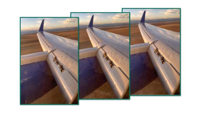A screenshot showing the wing of a plane disintegrating. 