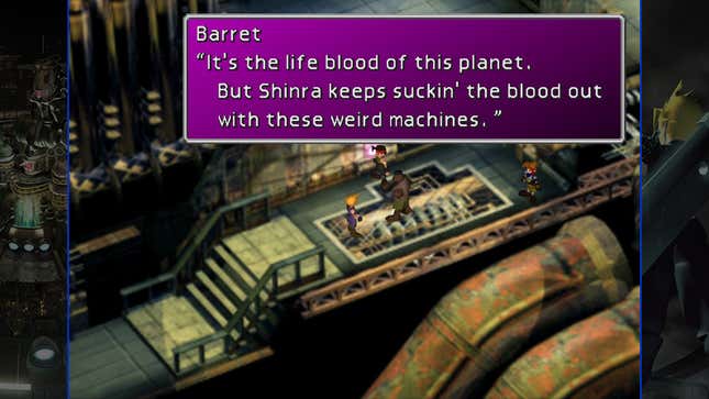 Barret gives Cloud a speech about how the Mako reactors are destroying the planet.