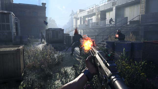 A first-person view of a rifle being fired and blood spurting from the figure being shot.