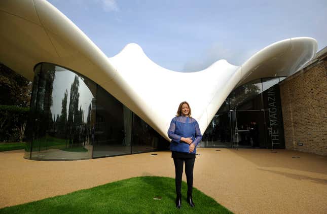 Hadid poses in the newly constructed Serpentine Sackler Gallery in Kensington Gardens, in London, Britain.