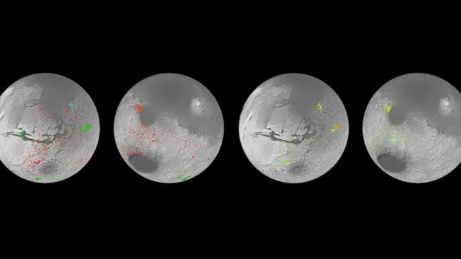 A map of hydrated mineral deposits on Mars. Green represents hydrated sulphates; red is hydrous clays; orange is carbonate salts; and blue is hydrated silica and aluminosilicate clays.