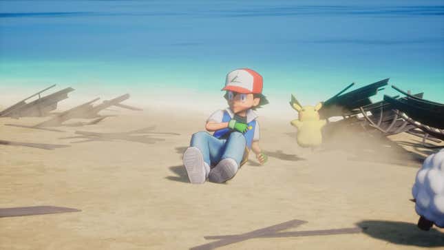 Se muestra a Ash levantándose en la playa mientras Pikachu huye de él.