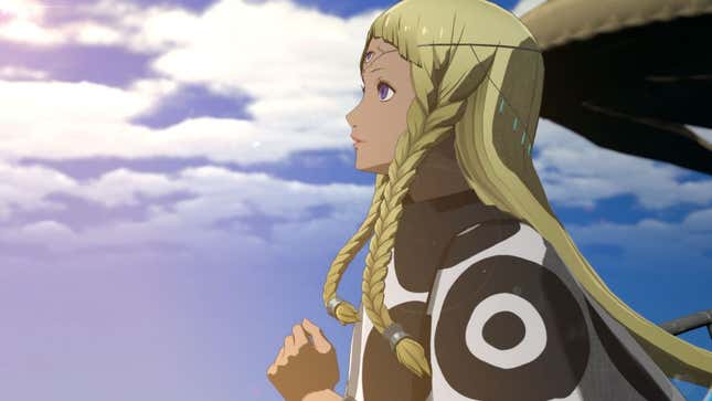 A blonde woman with braids stairs out into the sky