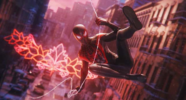 A screenshot of Miles Morales webswinging in Marvel's Spider-Man: Miles Morales.