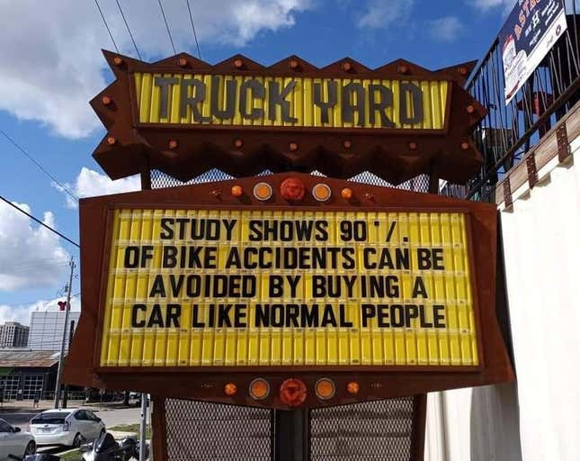Image for article titled A Houston Bar Displayed A Joke About Cycling Accidents, But The Local Cycling Community Isn't Laughing