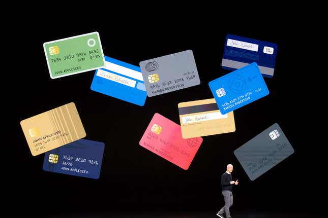 Apple CEO Tim Cook introduces Apple Card during a launch event at Apple headquarters on March 25, 2019.