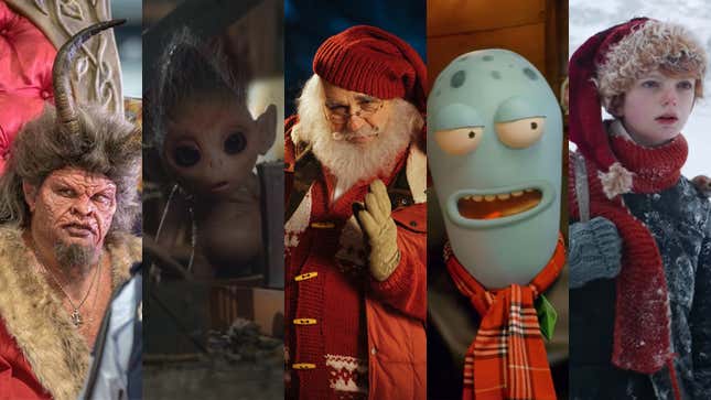 Five images edited together, from left to right: Satan in a santa suit, a baby elf, a suave Santa, a green-skilled alien, and a cold, young boy on a snowy landscape.