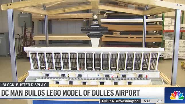 A screenshot of a news report about a Lego airport building. 