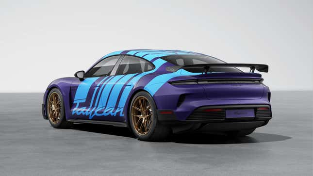 Rear 3/4 view of a purple Porsche Taycan Turbo GT with a bright blue livery