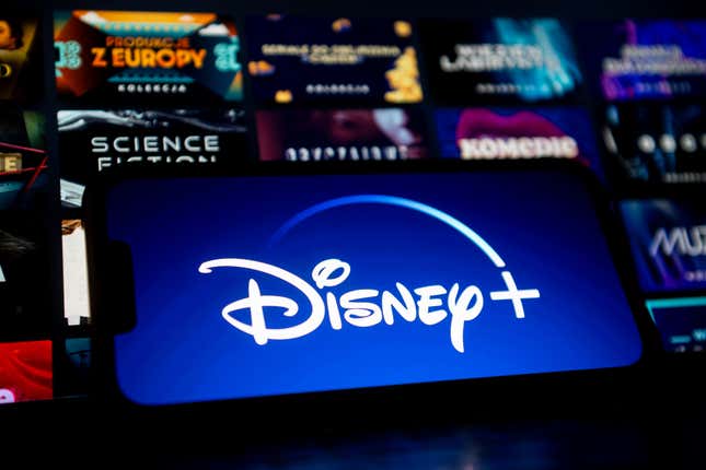 In this photo illustration a Disney+ logo seen displayed on a smartphone.