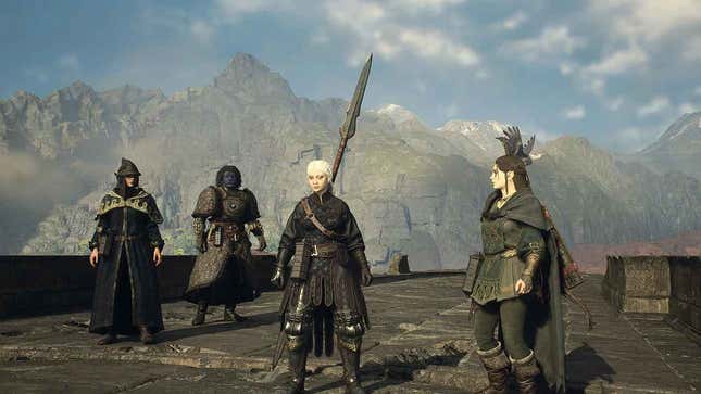 Four medieval fantasy characters standing on a stone path