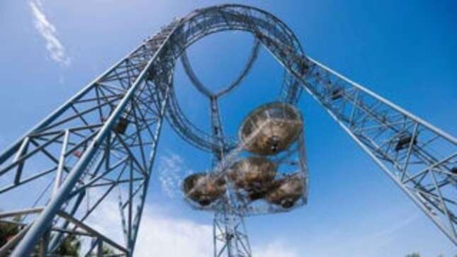 The 75-meter-tall (246-foot) ground structure transmits energy wirelessly across approximately 55 meters (180 feet)