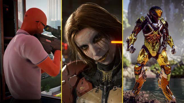 Agent 47, Troy Baker's character in Death Stranding 2, and a Javelin from Anthem are arranged in a composite image.