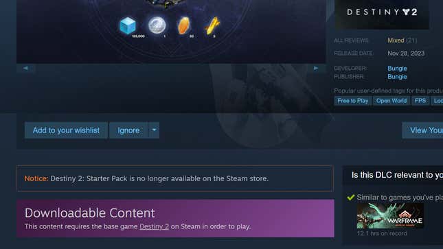 A screenshot shows Destiny 2's Starter Pack getting removed from Steam. 