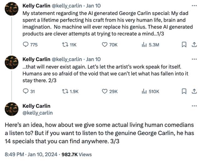 Una captura de pantalla de una declaración de Kelly Carlin publicada en X/Twitter.