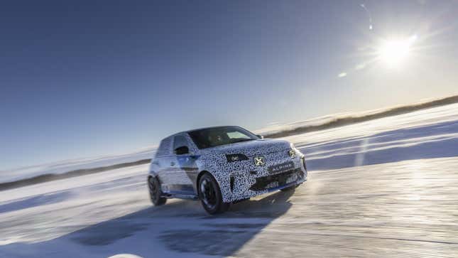 A photo of the Alpine A290 hatchback testing on snow. 