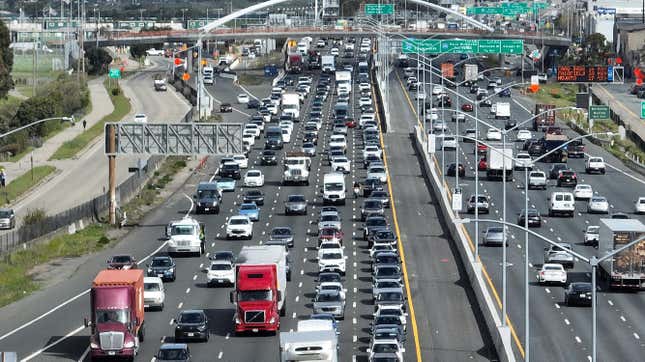 n an aerial view, trucks move along Interstate 80 on March 31, 2023 in Berkeley, California. 