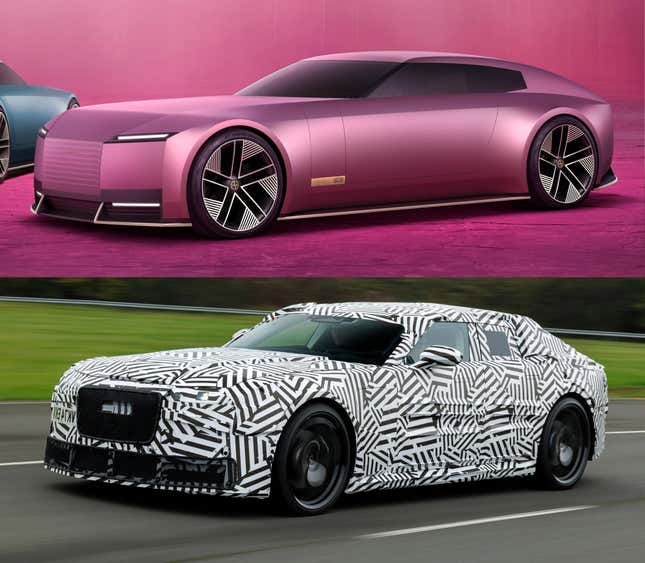 Front 3/4 view of the pink Jaguar Type 00 concept compared with the Jaguar EV prototype