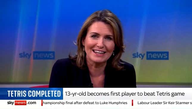 Sky News anchor Jayne Secker comments on Tetris player Blue Scuti reaching the game's "true kill screen."