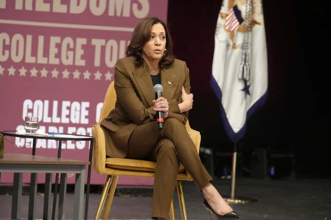 Vice President Kamala Harris speaks during a panel discussion at the College of Charleston on Wednesday, Oct. 11, 2023, in Charleston, S.C. Harris visited the state, home of Democrats&#39; first presidential primary of 2024, as part of her tour to college campuses across the country. (AP Photo/Meg Kinnard)