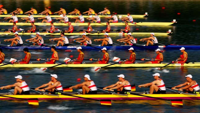 A photo of the Men's Eight rowing final in Beijing. 