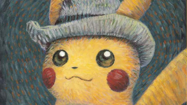 Pikachu wearing a hat based on Vincent Van Gogh's 'Self-Portrait with Grey Felt Hat.'