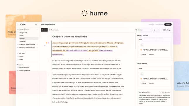 a screenshot of Hume AI's Octave TTS platform reading "Chapter 1: Down the Rabbit Hole"