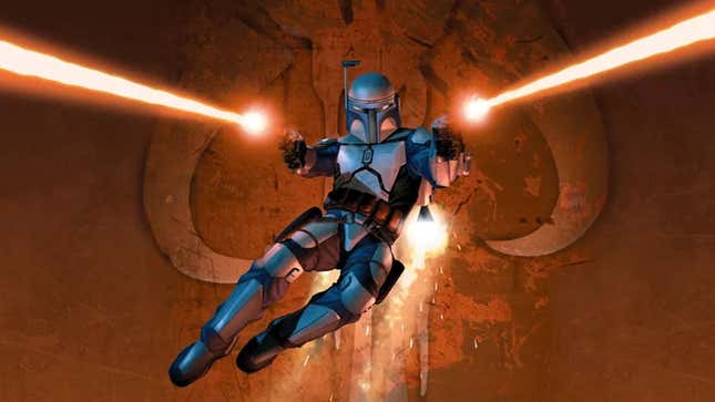 An image shows Jango Fett using his jetpack and firing red lasers. 