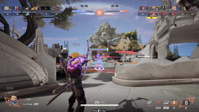 Hawkeye lines up a shot into a crowd of enemies and friendlies.