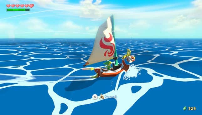 Link sails in beautiful cell-shaded seas. 