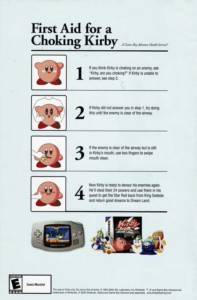 A Game Boy ad instructs on how to save Kirby from choking.