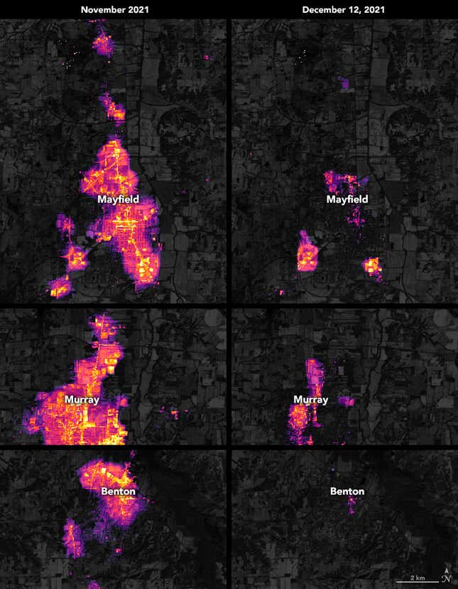 Before and after images show night lights in bright yellow and purple in towns hit hard by the deadly December tornado outbreak.